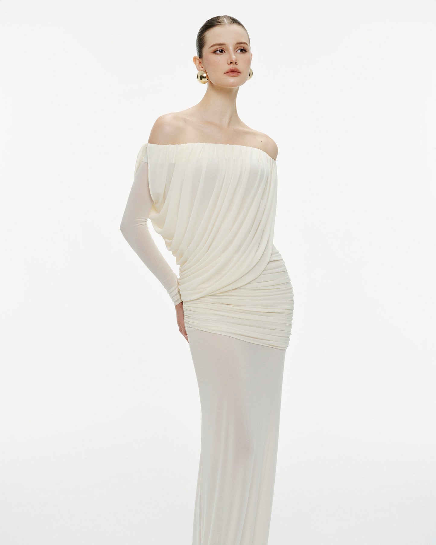 Mollynista Off-Shoulder Draped Mesh Dress