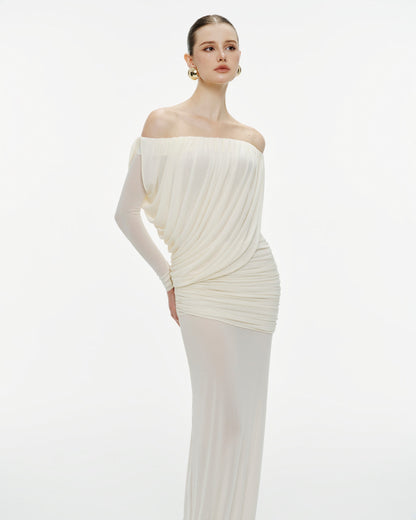Mollynista Off-Shoulder Draped Mesh Dress