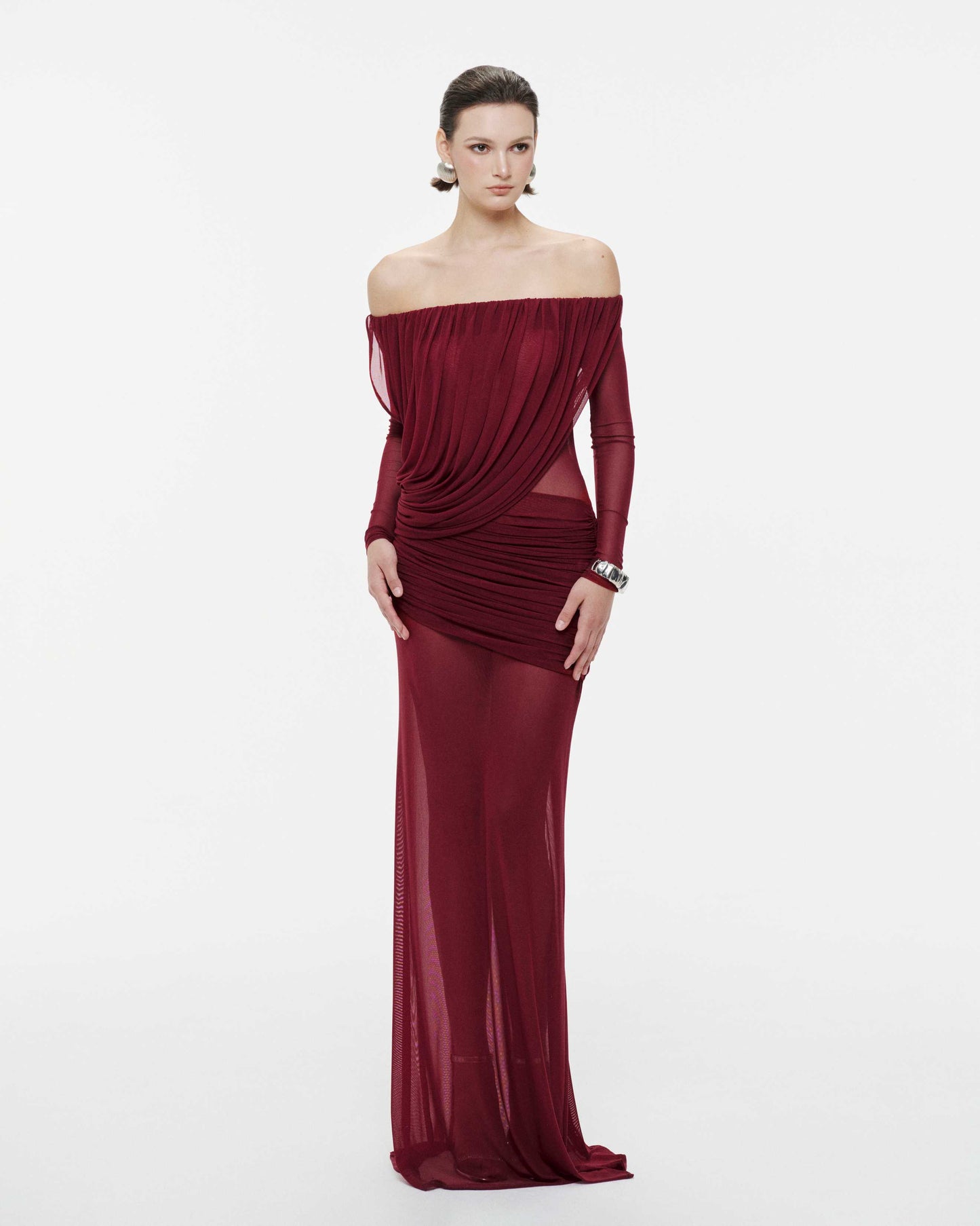 Mollynista Off-Shoulder Draped Mesh Dress