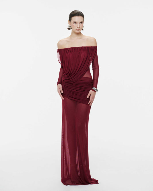 Mollynista Off-Shoulder Draped Mesh Dress