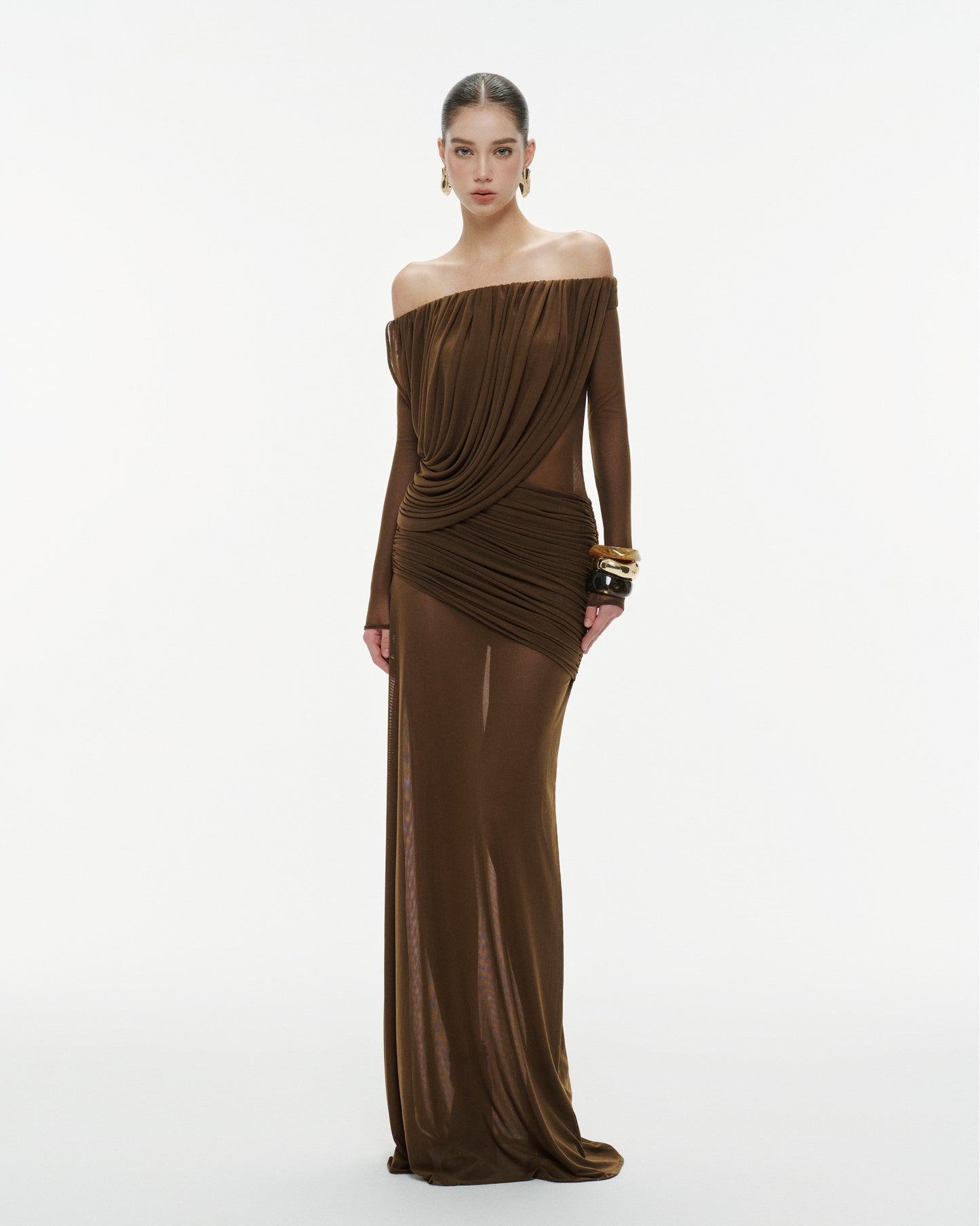Mollynista Off-Shoulder Draped Mesh Dress