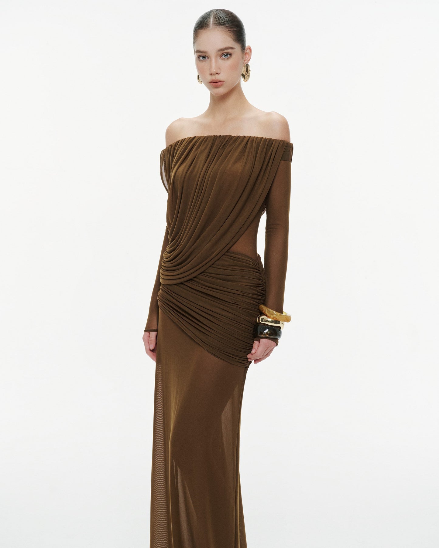 Mollynista Off-Shoulder Draped Mesh Dress