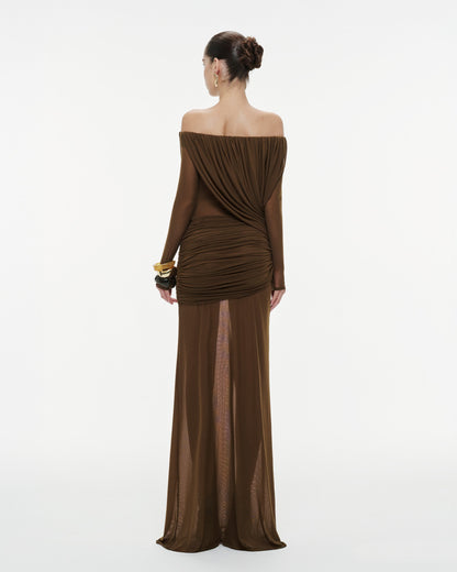 Mollynista Off-Shoulder Draped Mesh Dress
