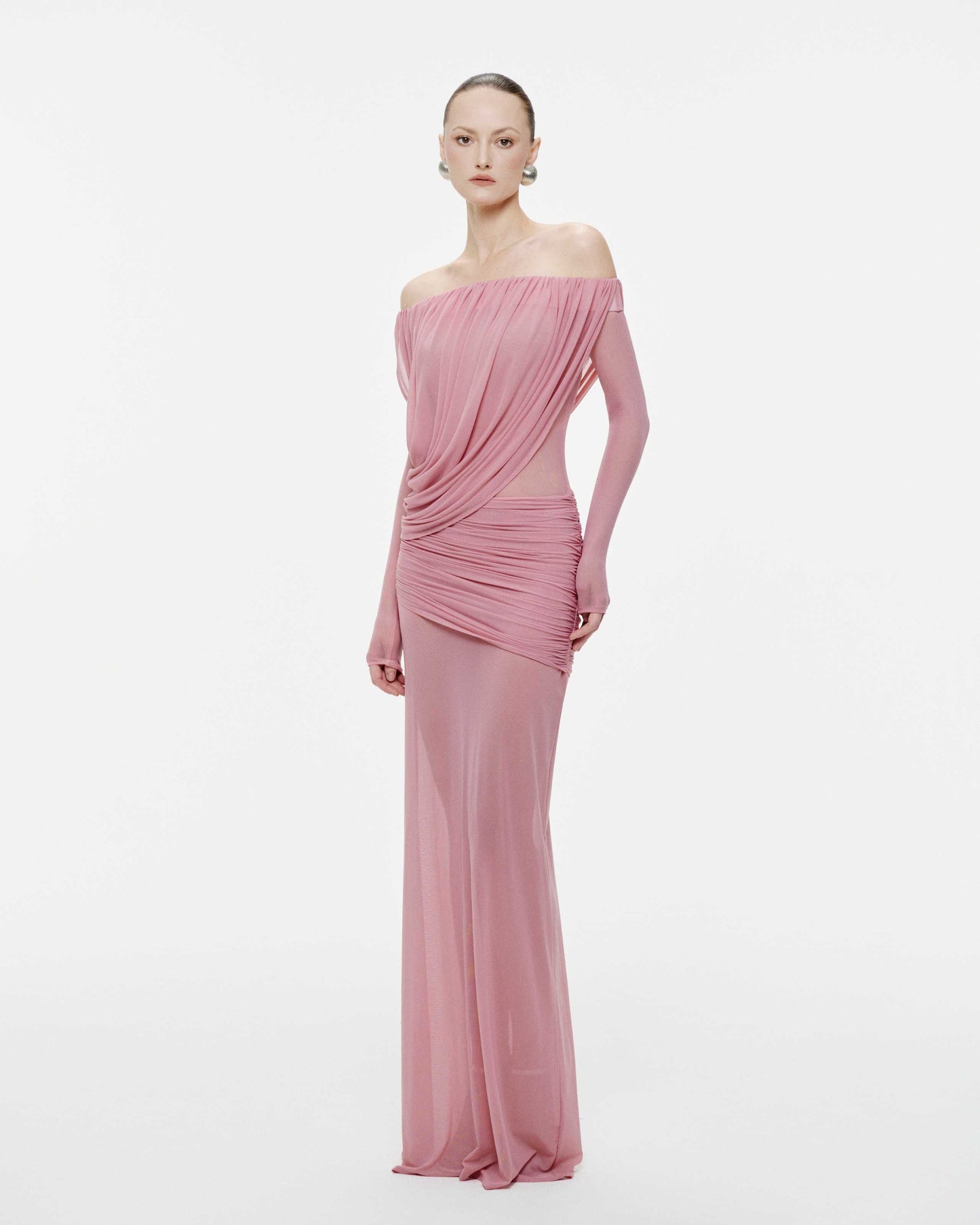 Mollynista Off-Shoulder Draped Mesh Dress