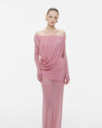 Mollynista Off-Shoulder Draped Mesh Dress