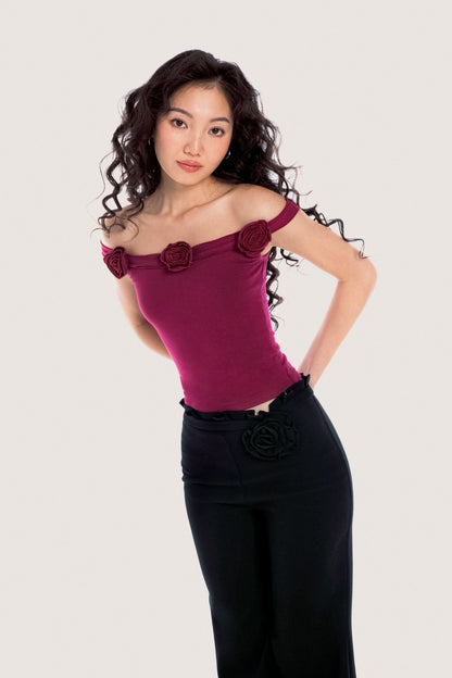 Libe Magenta Floral Embellished Off Shoulder Top (Pre-order)