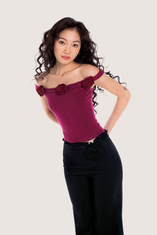 Libe Magenta Floral Embellished Off Shoulder Top (Pre-order)