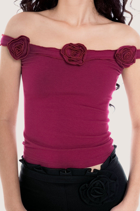 Libe Magenta Floral Embellished Off Shoulder Top (Pre-order)