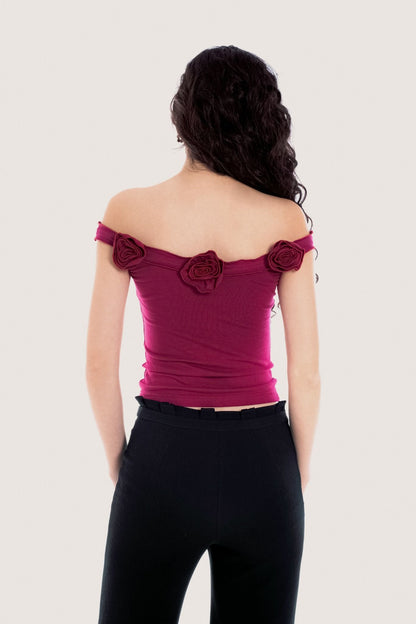 Libe Magenta Floral Embellished Off Shoulder Top (Pre-order)