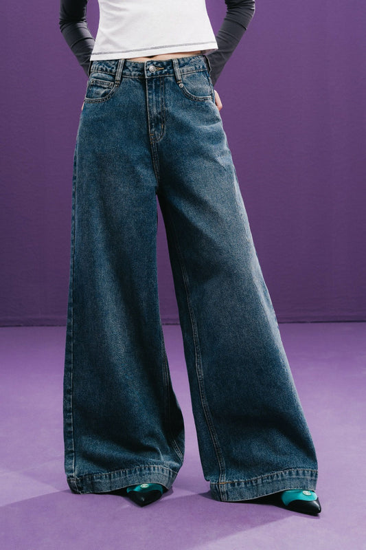Libe Medium Blue High Waisted Wide Leg Jeans (Pre-order)