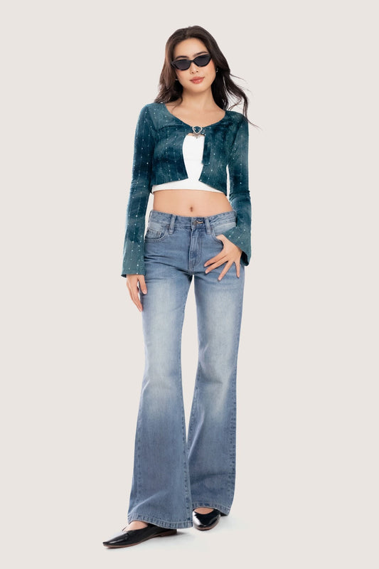 Libe Medium Blue Low Rise Whisker Wash Flared Jeans (Pre-order)