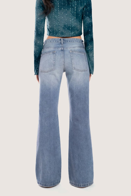 Libe Medium Blue Low Rise Whisker Wash Flared Jeans (Pre-order)