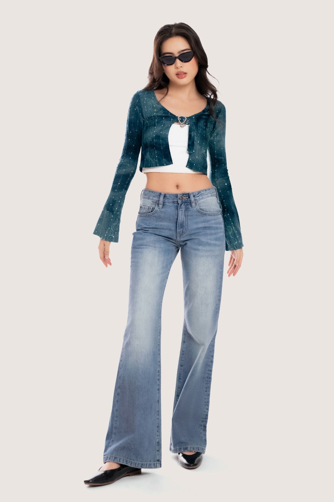 Libe Medium Blue Low Rise Whisker Wash Flared Jeans (Pre-order)