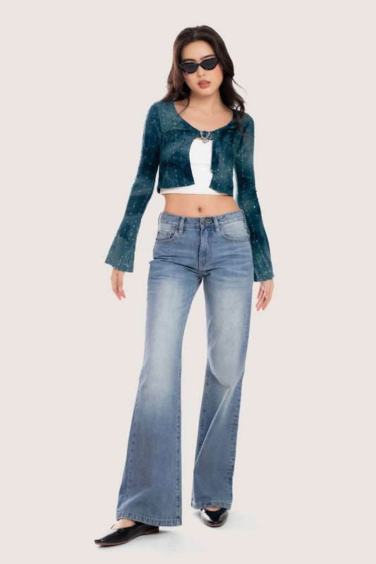 Libe Medium Blue Low Rise Whisker Wash Flared Jeans (Pre-order)