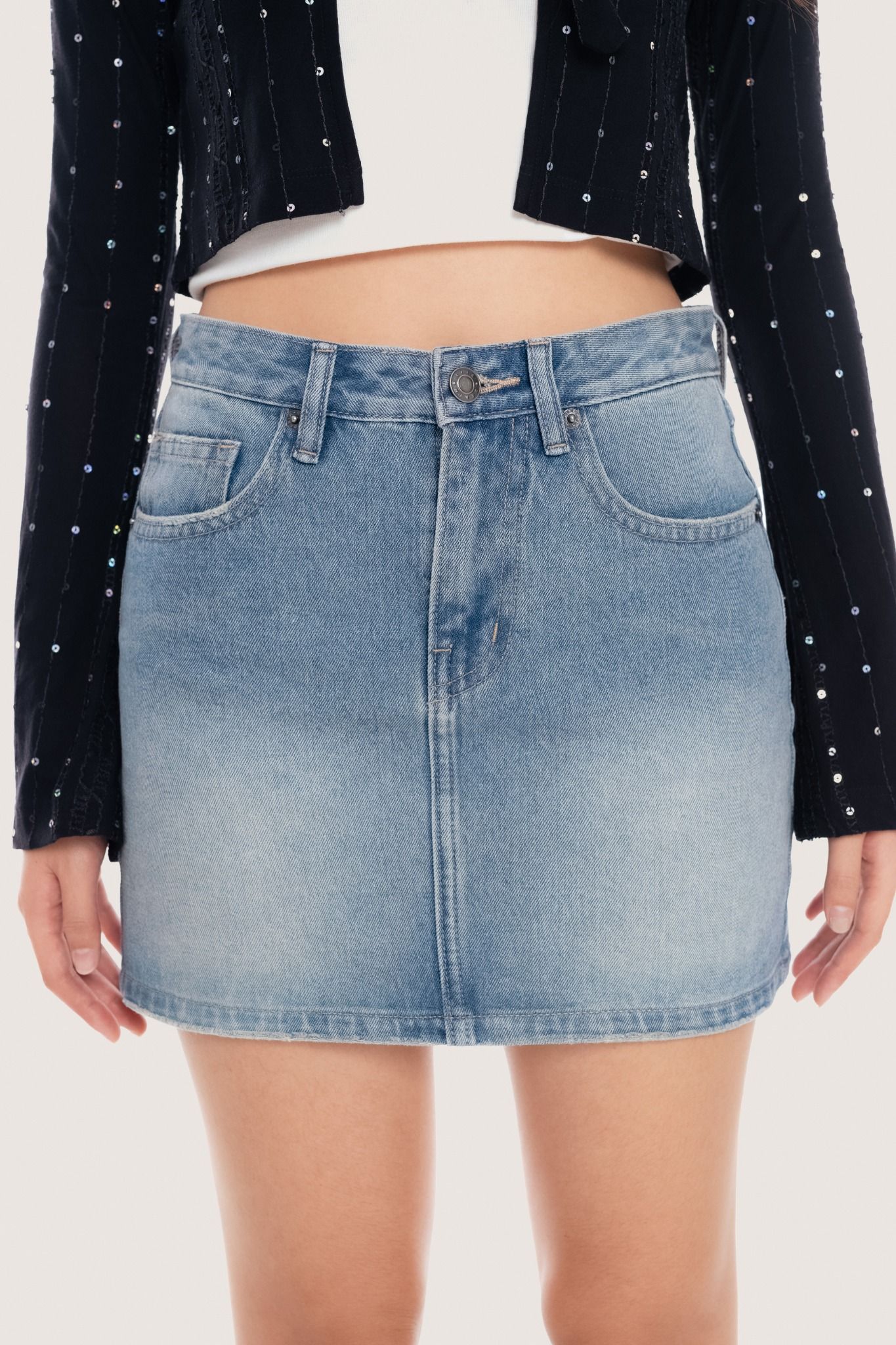 Libe Medium Blue Wash Denim Mini Skirt (Pre-order)