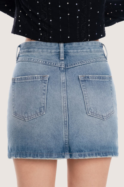 Libe Medium Blue Wash Denim Mini Skirt (Pre-order)