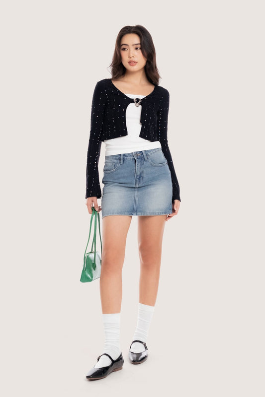 Libe Medium Blue Wash Denim Mini Skirt (Pre-order)