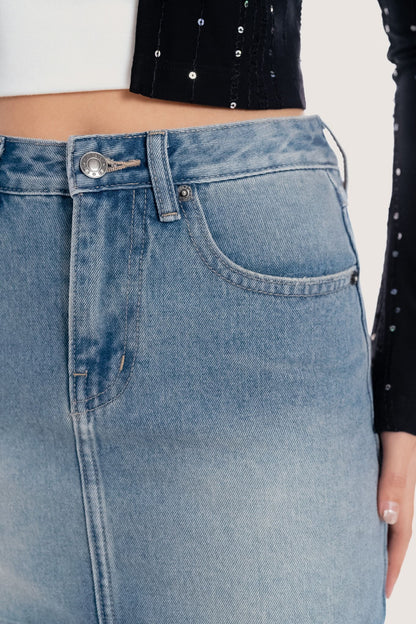 Libe Medium Blue Wash Denim Mini Skirt (Pre-order)