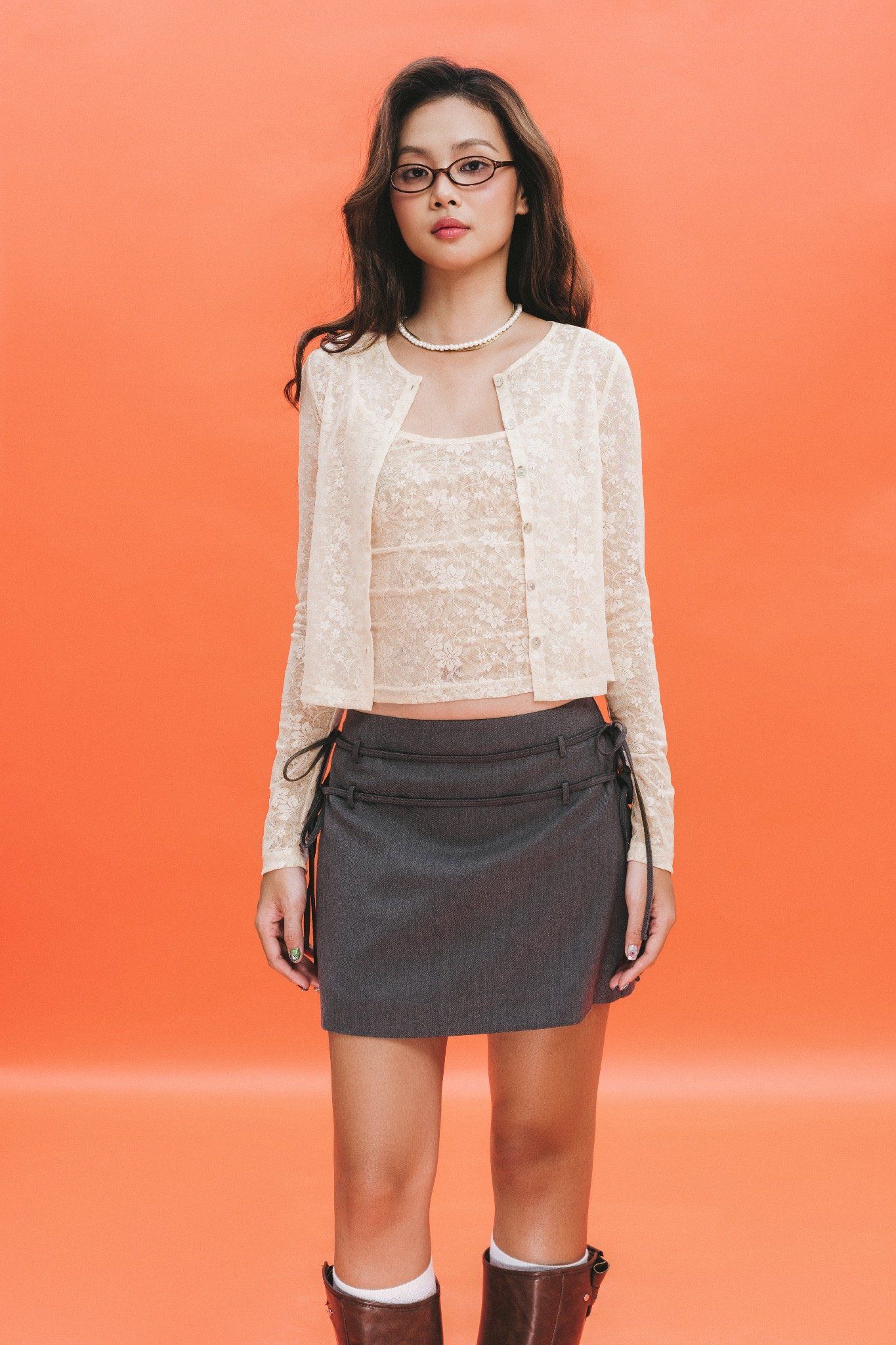 Libe Neutral Grey Bow Belt Mini Skirt (Pre-order)