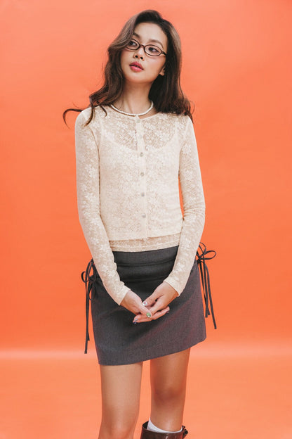 Libe Neutral Grey Bow Belt Mini Skirt (Pre-order)
