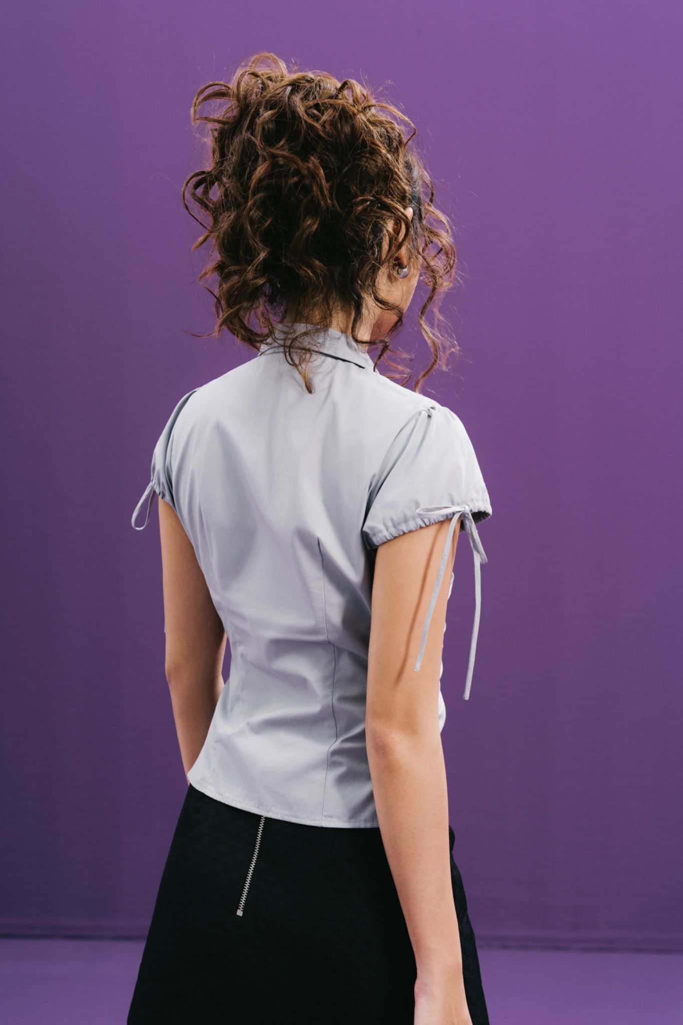Libe Neutral Grey Short Sleeve Ruched Shirt (Pre-order)