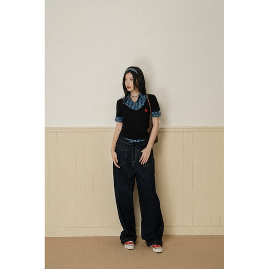 Ours stu Plaid Shirt + Mint V-Neck Top Set (Pre-order)