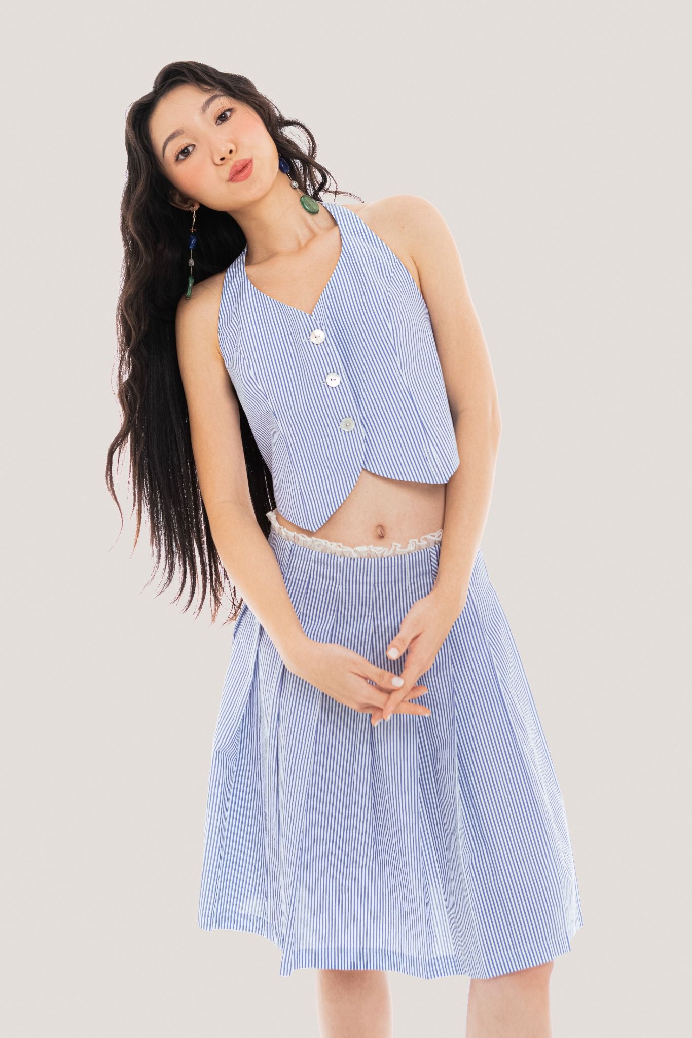 Libe Pinstriped Pleated Seersucker Mini Skirt (Pre-order)