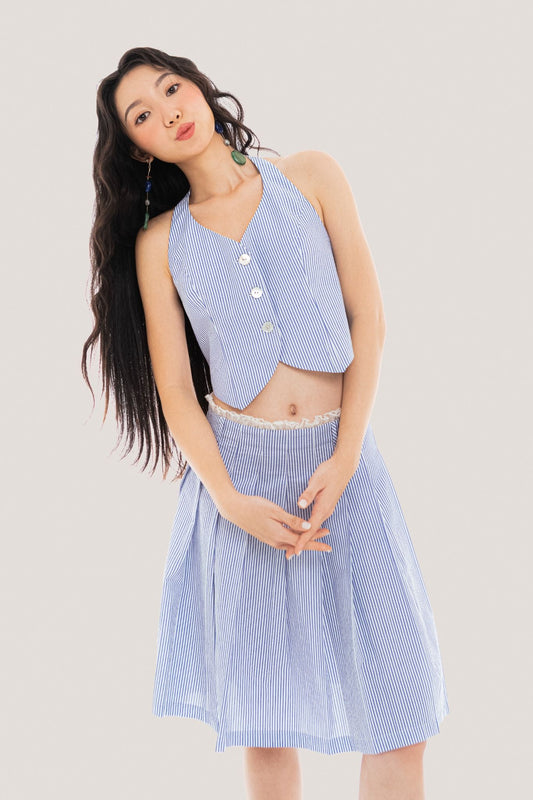 Libe Pinstriped Pleated Seersucker Mini Skirt (Pre-order)