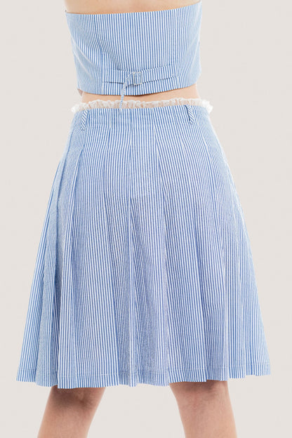 Libe Pinstriped Pleated Seersucker Mini Skirt (Pre-order)