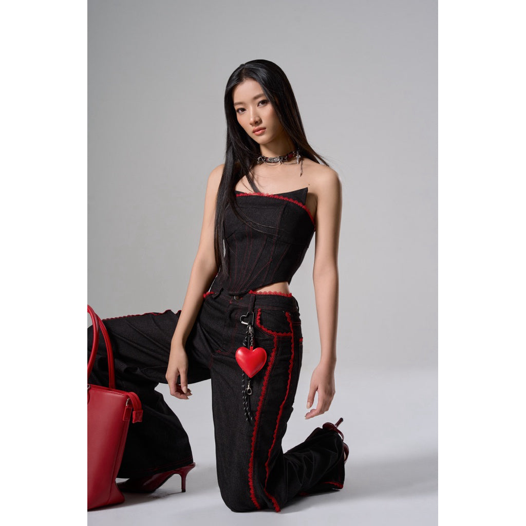 Cera Red Lace Straight Pants
