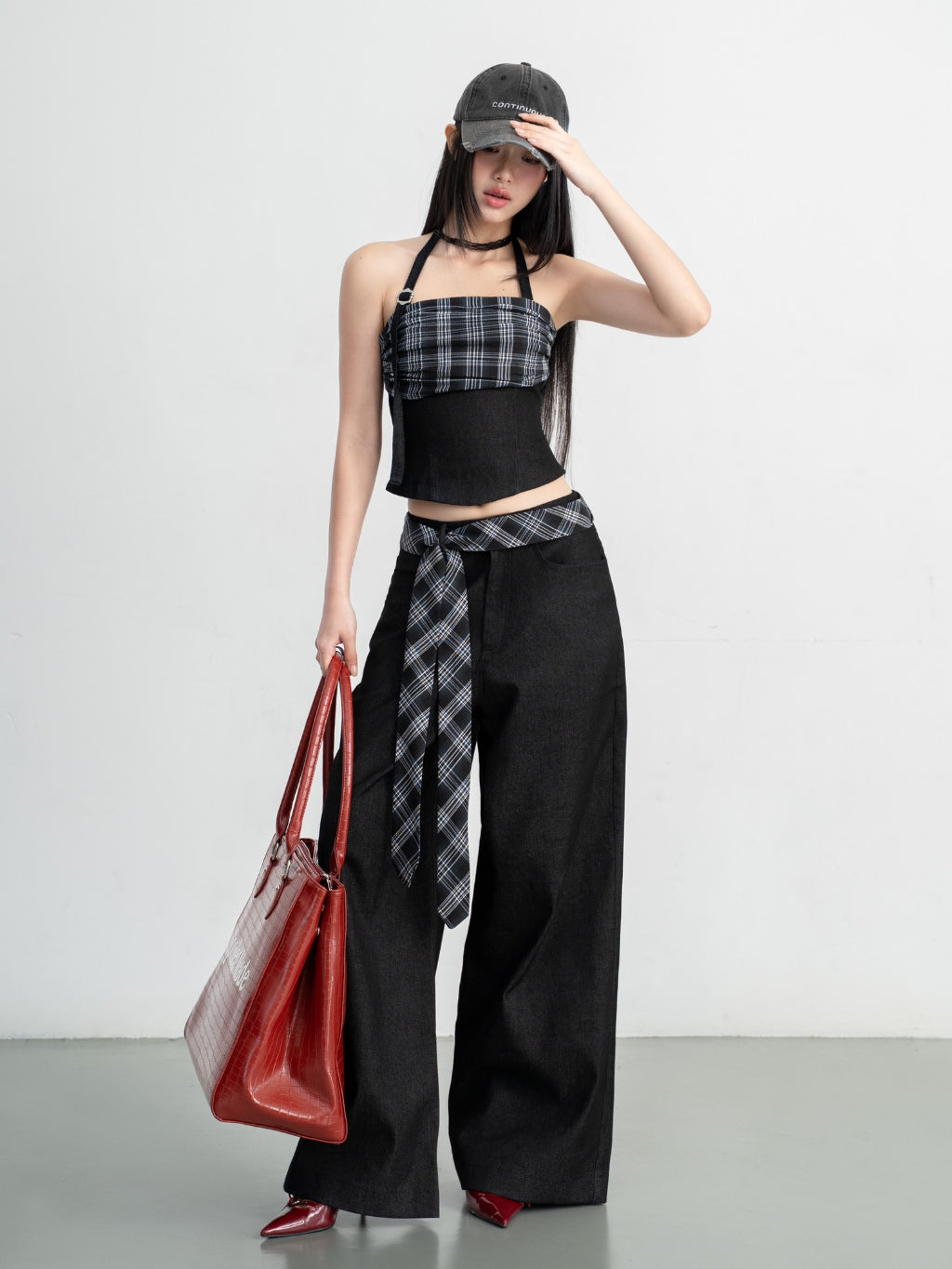 Hoo Design Black Checkered Denim Top