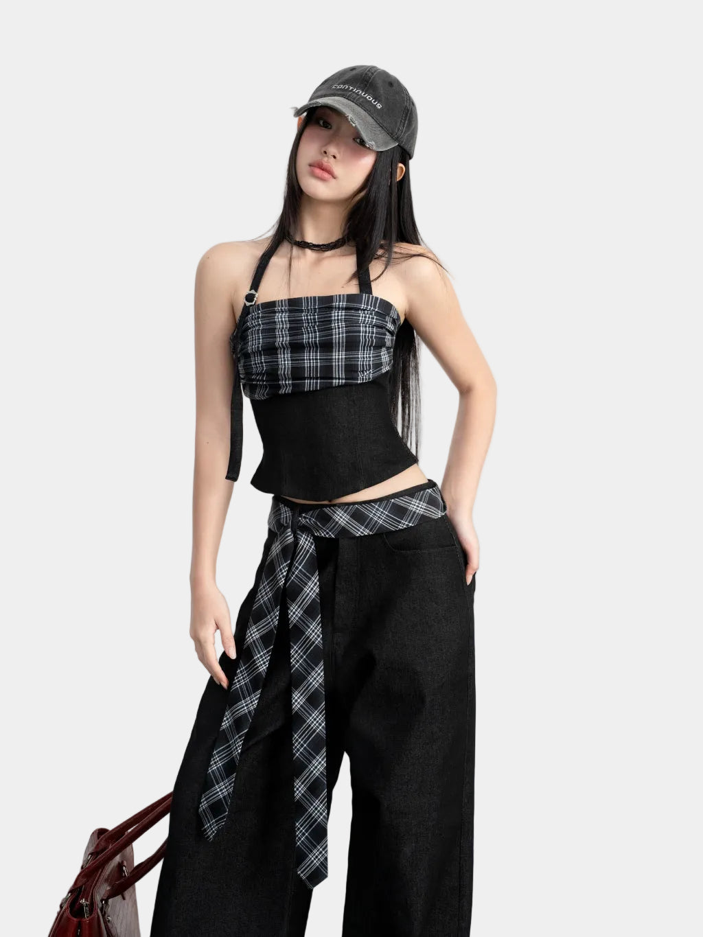 Hoo Design Black Checkered Denim Top