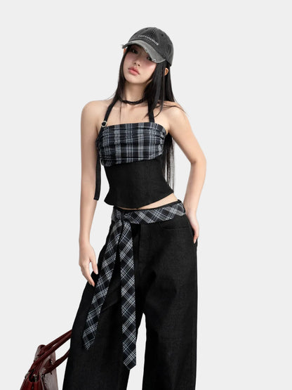 Hoo Design Black Checkered Denim Top