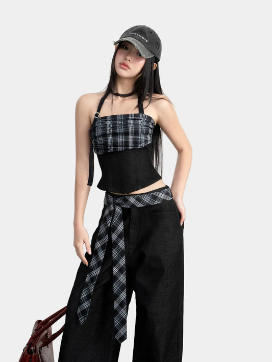 Hoo Design Black Checkered Denim Top