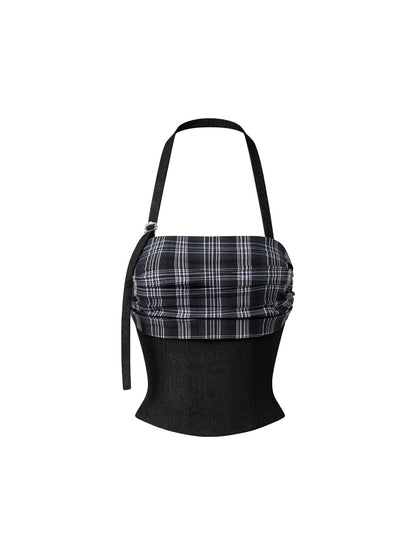 Hoo Design Black Checkered Denim Top