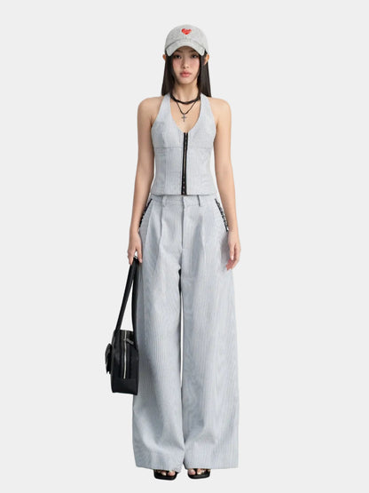 Hoo Design Striped Pants With Lace Trim