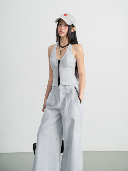 Hoo Design Striped Pants With Lace Trim