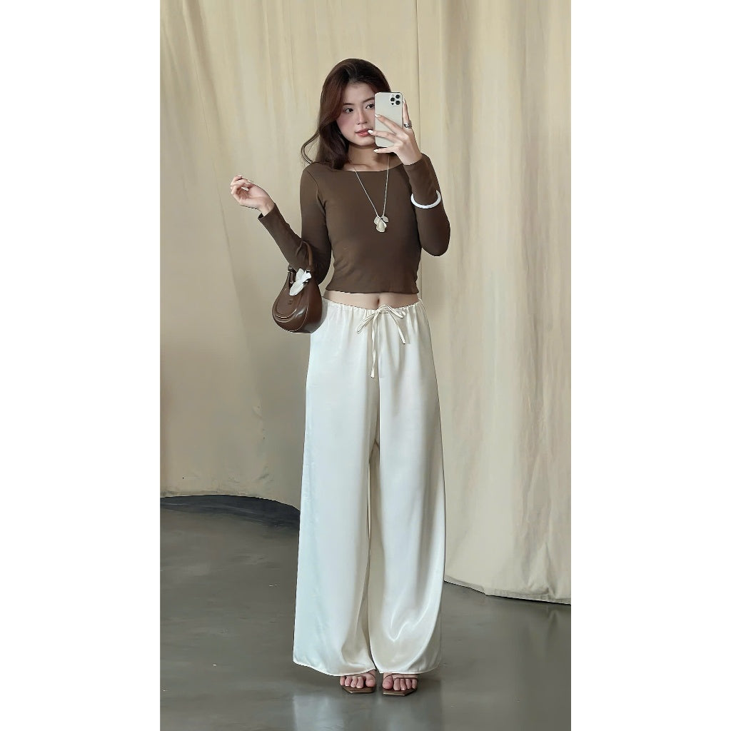 La Boutique Drawstring Wide-Leg Silk Pants