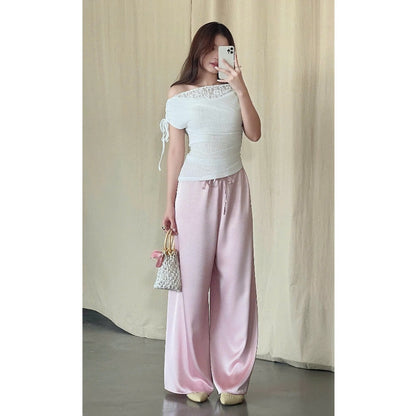 La Boutique Drawstring Wide-Leg Silk Pants