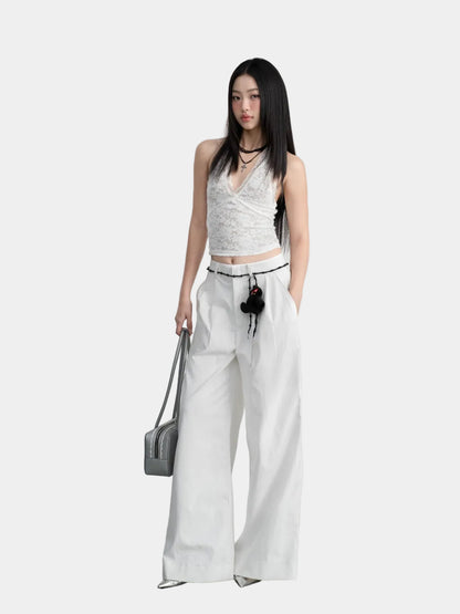 Hoo Design White Pleated Wide-Leg Pants