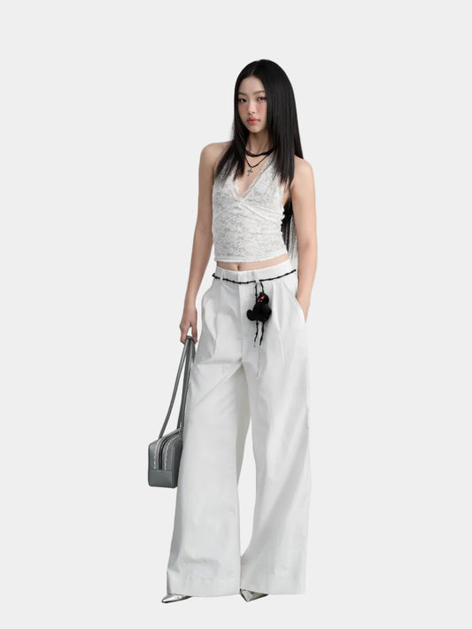 Hoo Design White Pleated Wide-Leg Pants