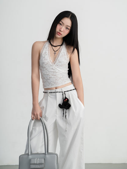 Hoo Design White Pleated Wide-Leg Pants
