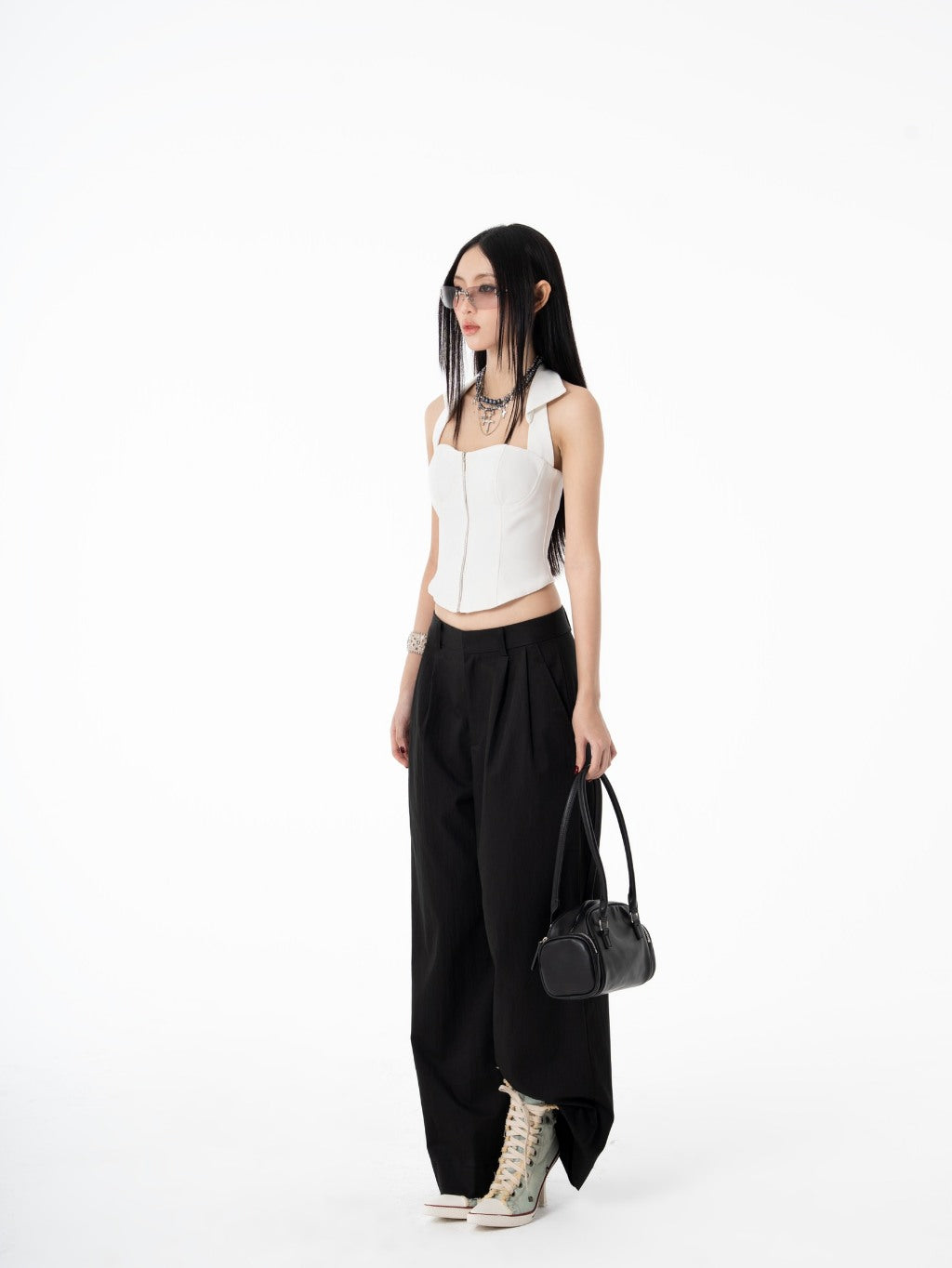 Hoo Design White Pleated Wide-Leg Pants