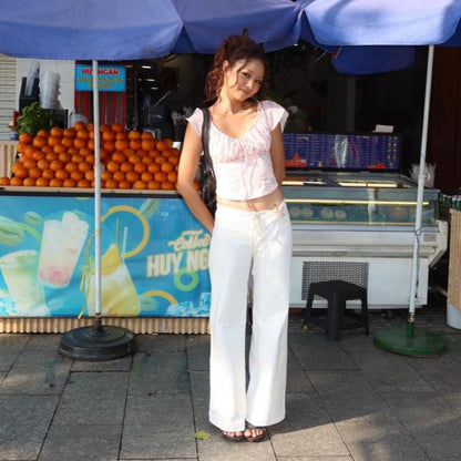 Tus Cream Low Rise Wide Leg Straight Khaki Pants