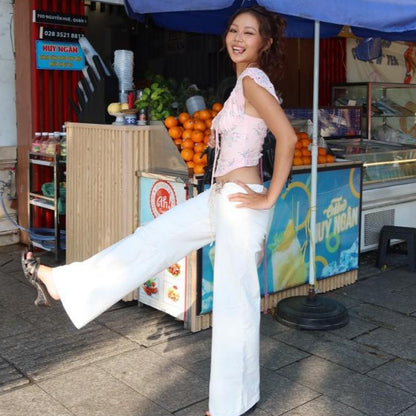 Tus Cream Low Rise Wide Leg Straight Khaki Pants