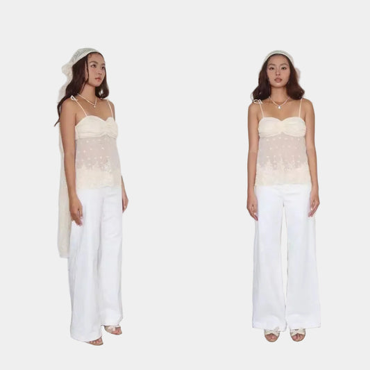 Tus Cream Low Rise Wide Leg Straight Khaki Pants