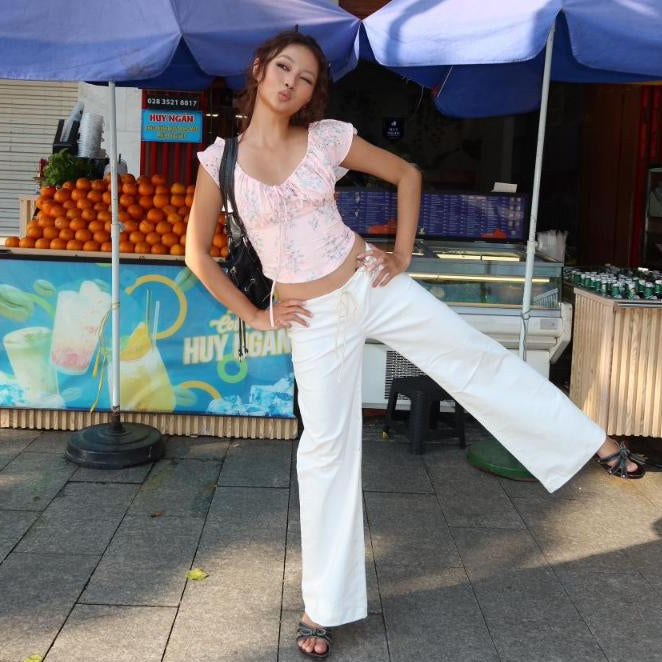Tus Cream Low Rise Wide Leg Straight Khaki Pants