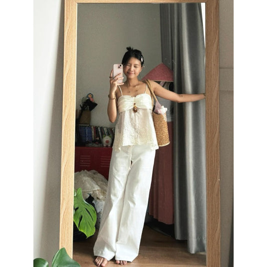 Tus Cream Low Rise Wide Leg Straight Khaki Pants