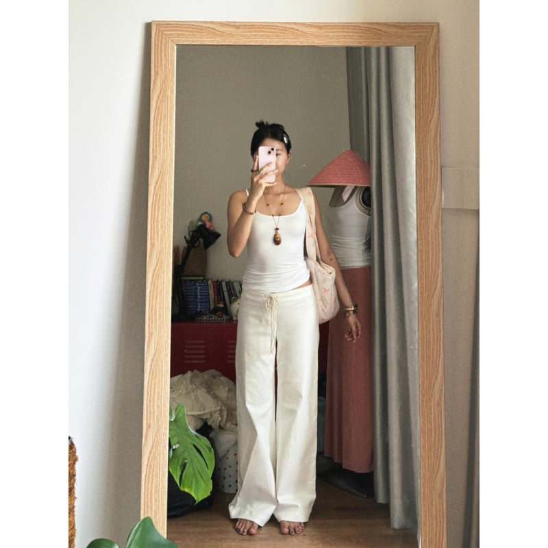 Tus Cream Low Rise Wide Leg Straight Khaki Pants