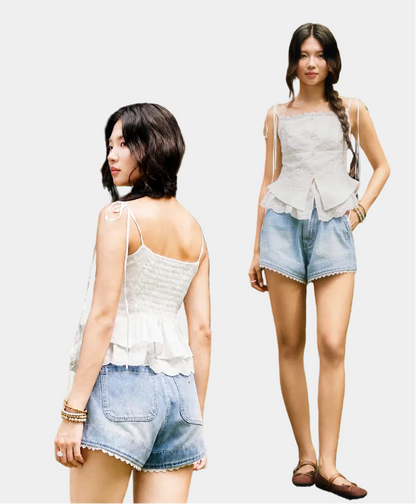 La Boutique Lace Trim Denim Shorts
